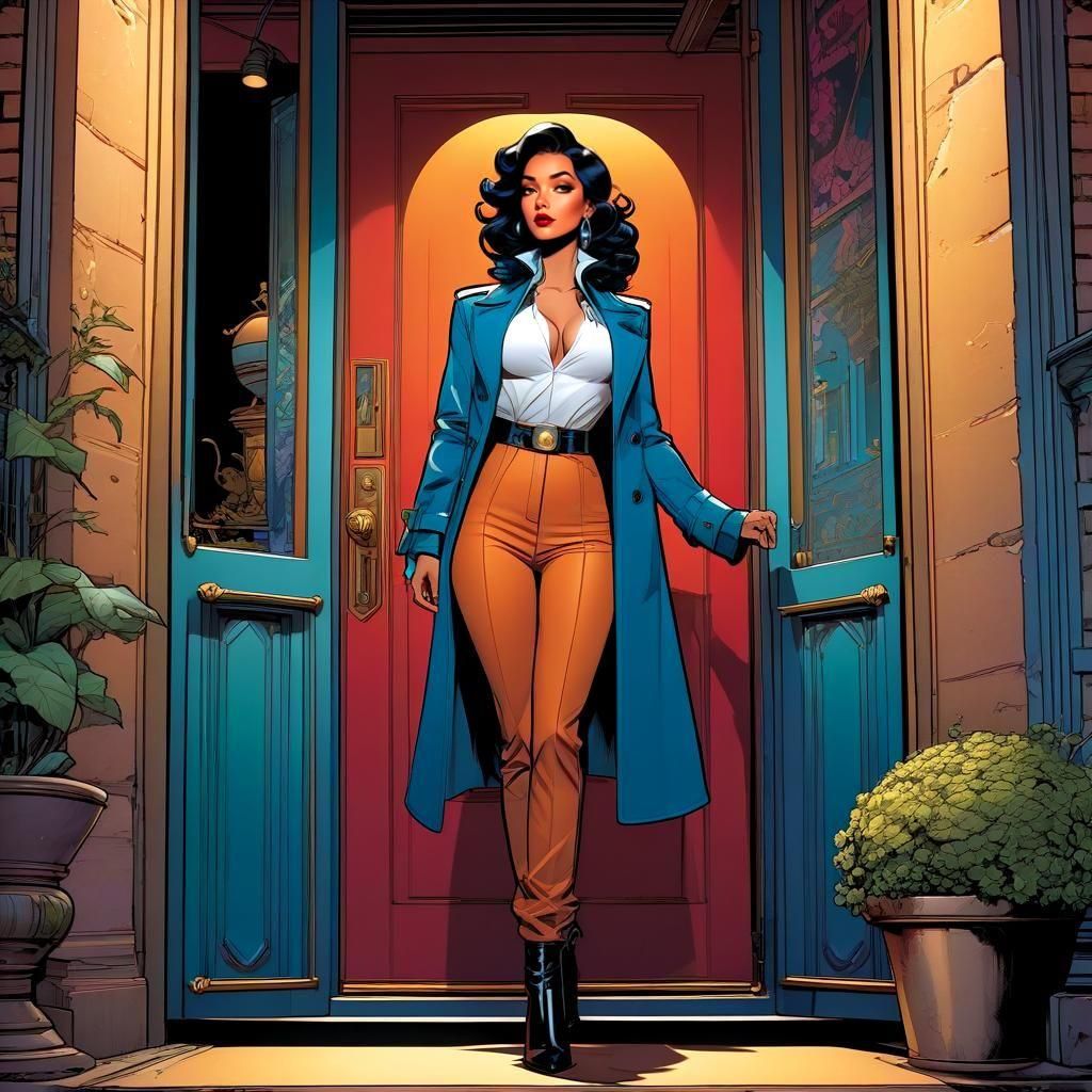 Stylish Woman in Doorway: Cel-Shaded Comic Art