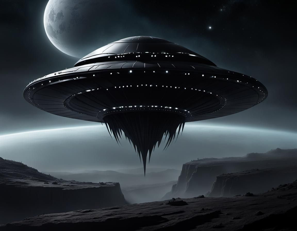 Sinister Black UFO with Lime Glow in Cyberpunk Style