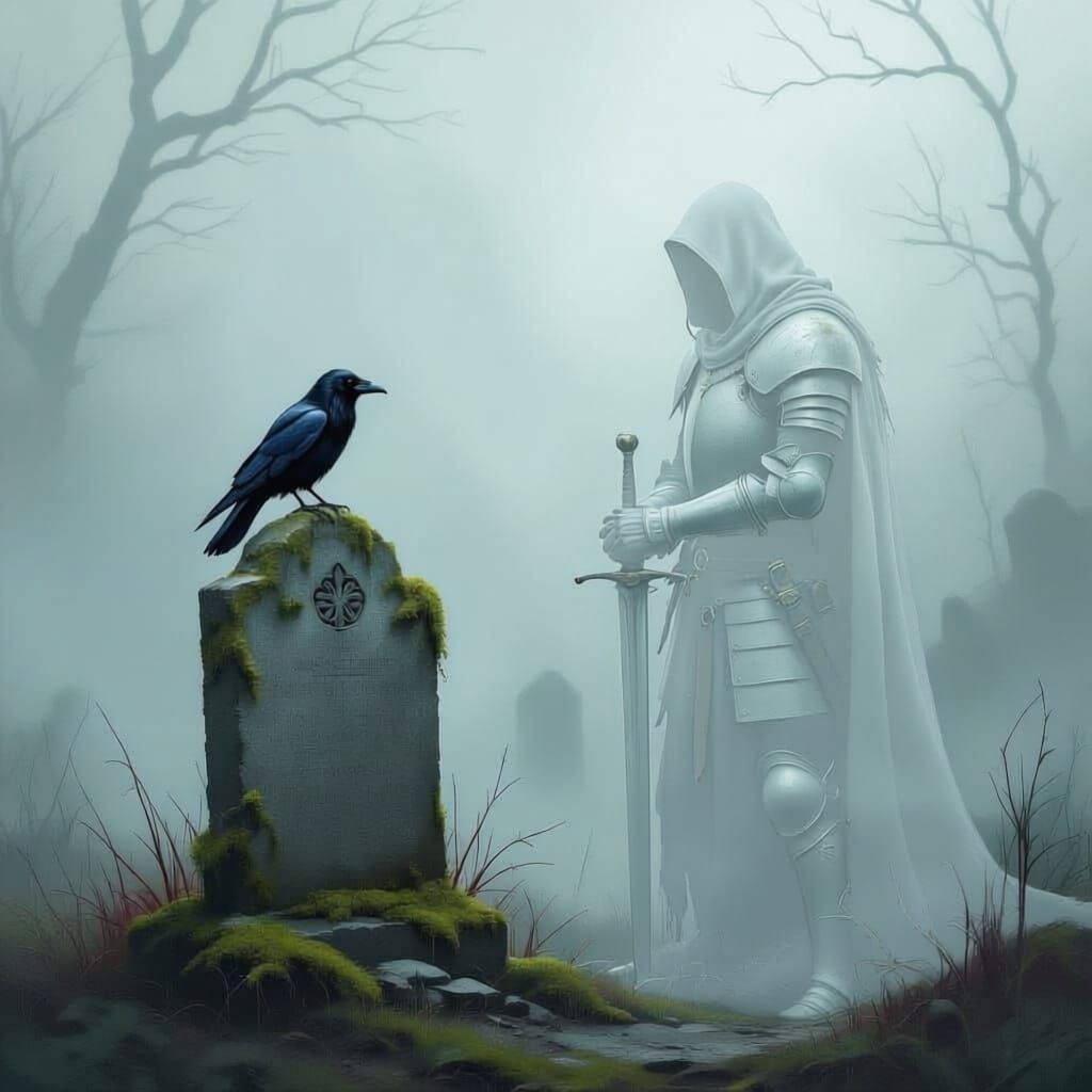 Ghostly Knight and Raven Guarding Mossy Grave