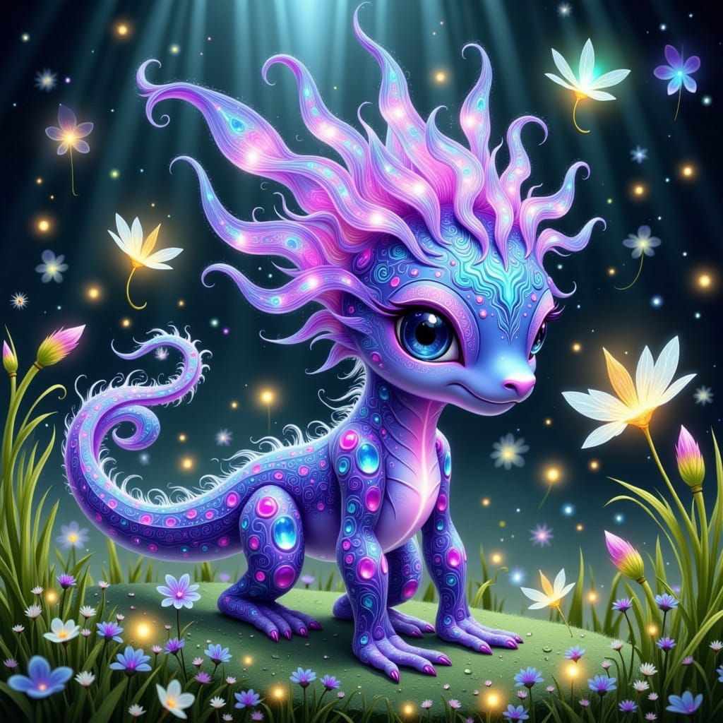 Whimsical Violet Monster Foo in Lush Fantasy Landscape