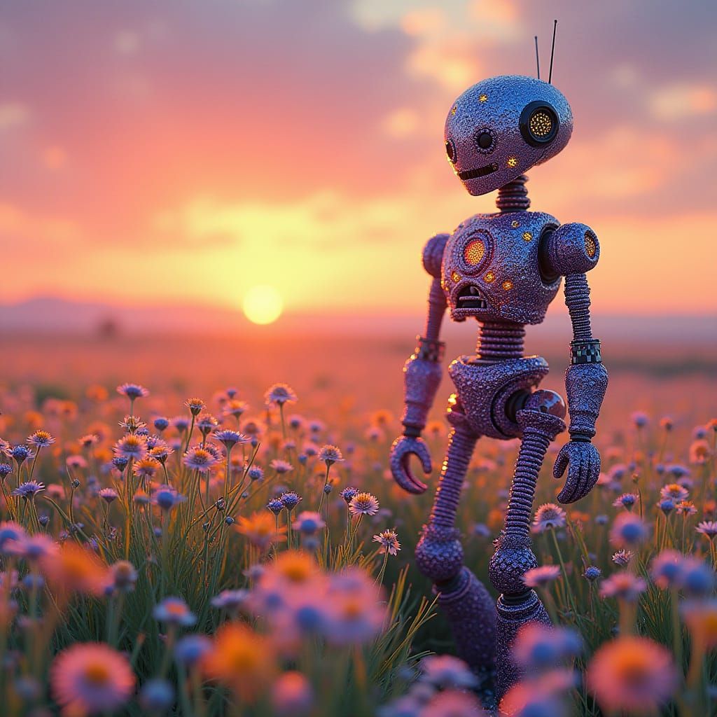Beaded Robot in Wildflower Field, Dreamlike Digital Art