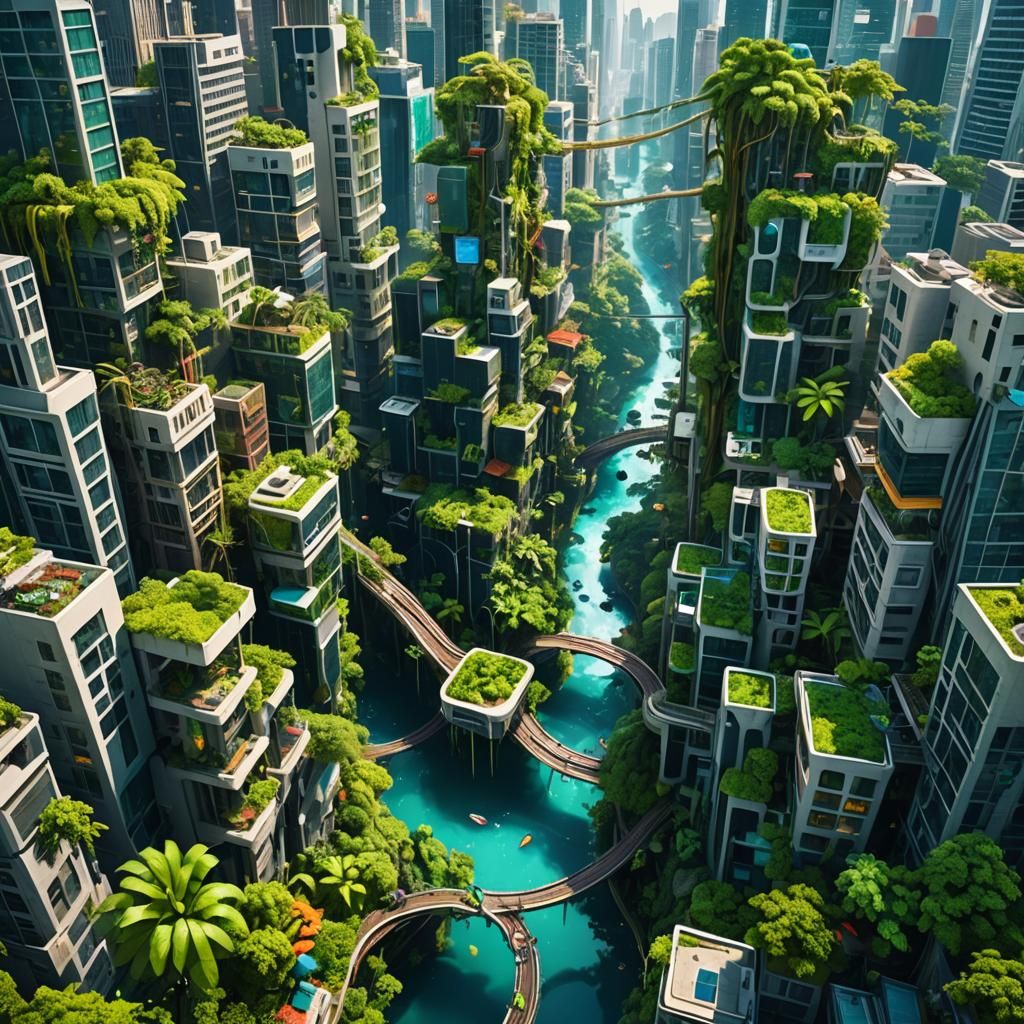 Futuristic Cityscape Reclaimed by Nature: Digital Art