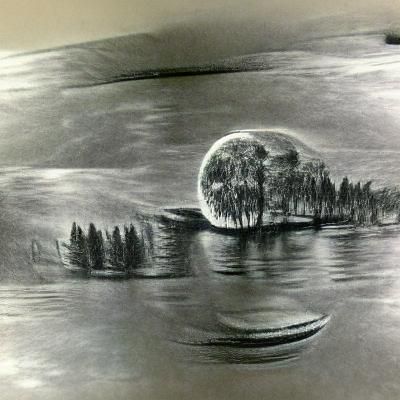 Charcoal Moonlit Lake in Valley with Trees