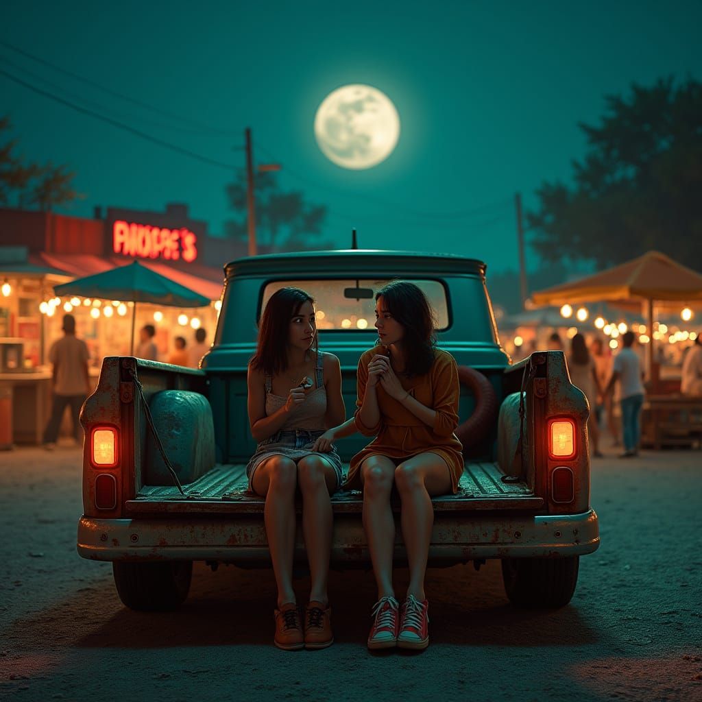 Teenagers Eating Carnitas Under Full Moon at Night Market