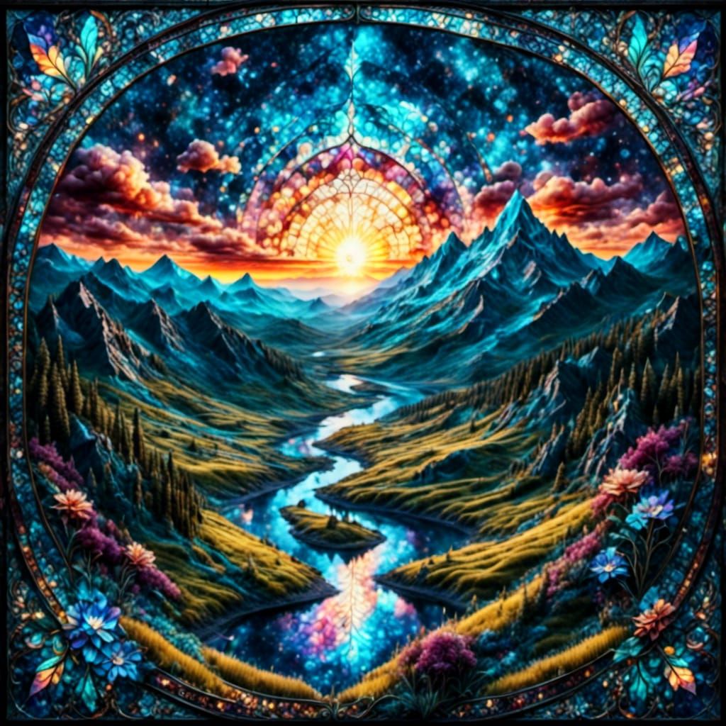 Colorful Sunset over Vineyard in Stained Glass Style