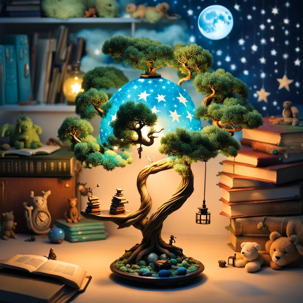 Bonsai Lamp Projecting Starry Night, in Surreal Style