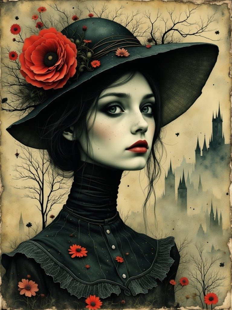 Melancholic Gothic Woman in Surreal Abstract Portrait