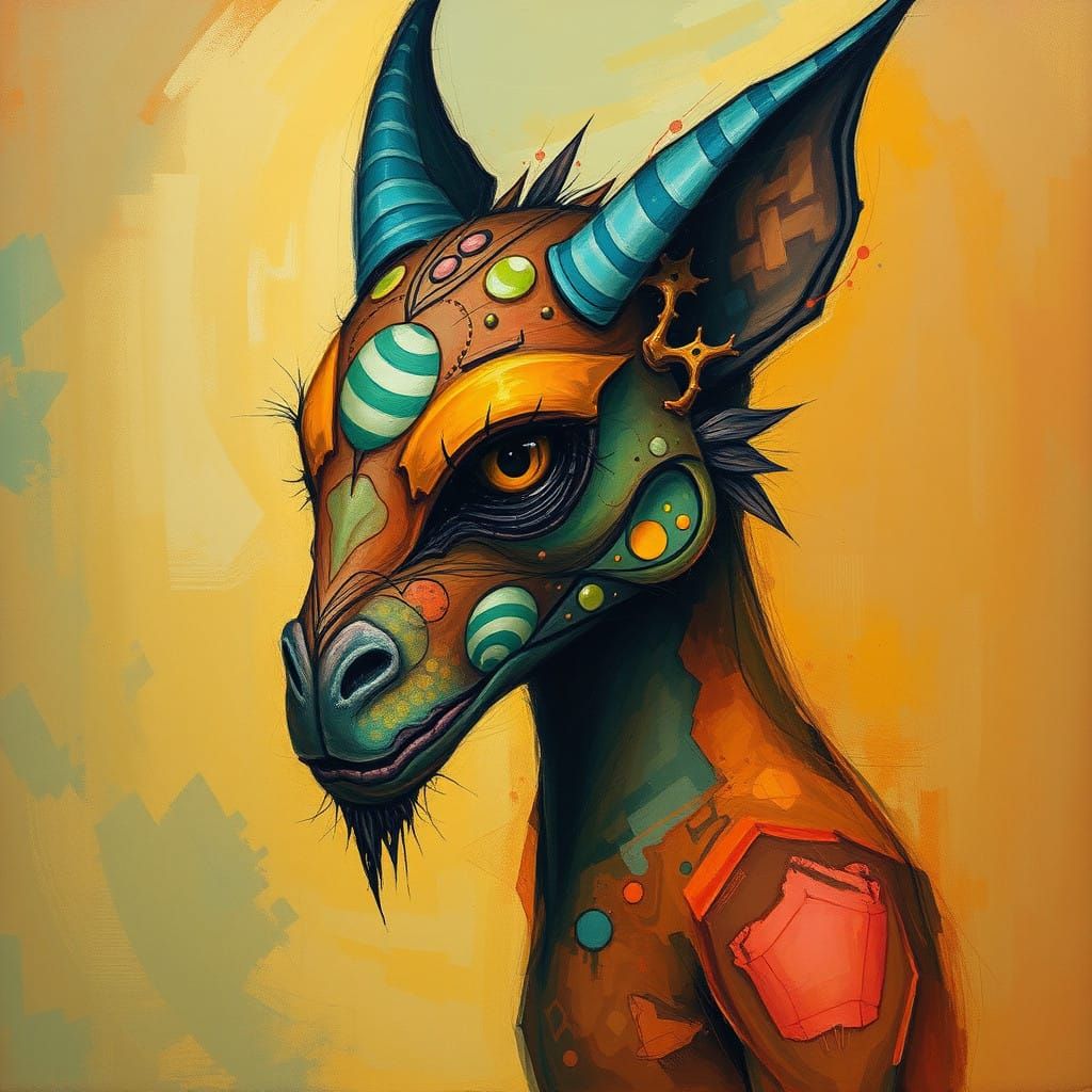 Surrealistic Gouache Creature in Sienna, Ultramarine, and Vi...