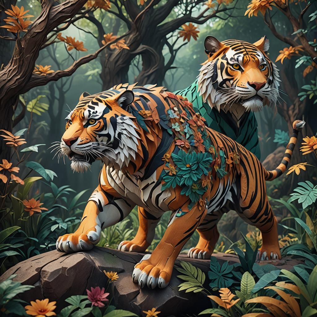 Detailed Papercraft Tiger in Fantasy Style