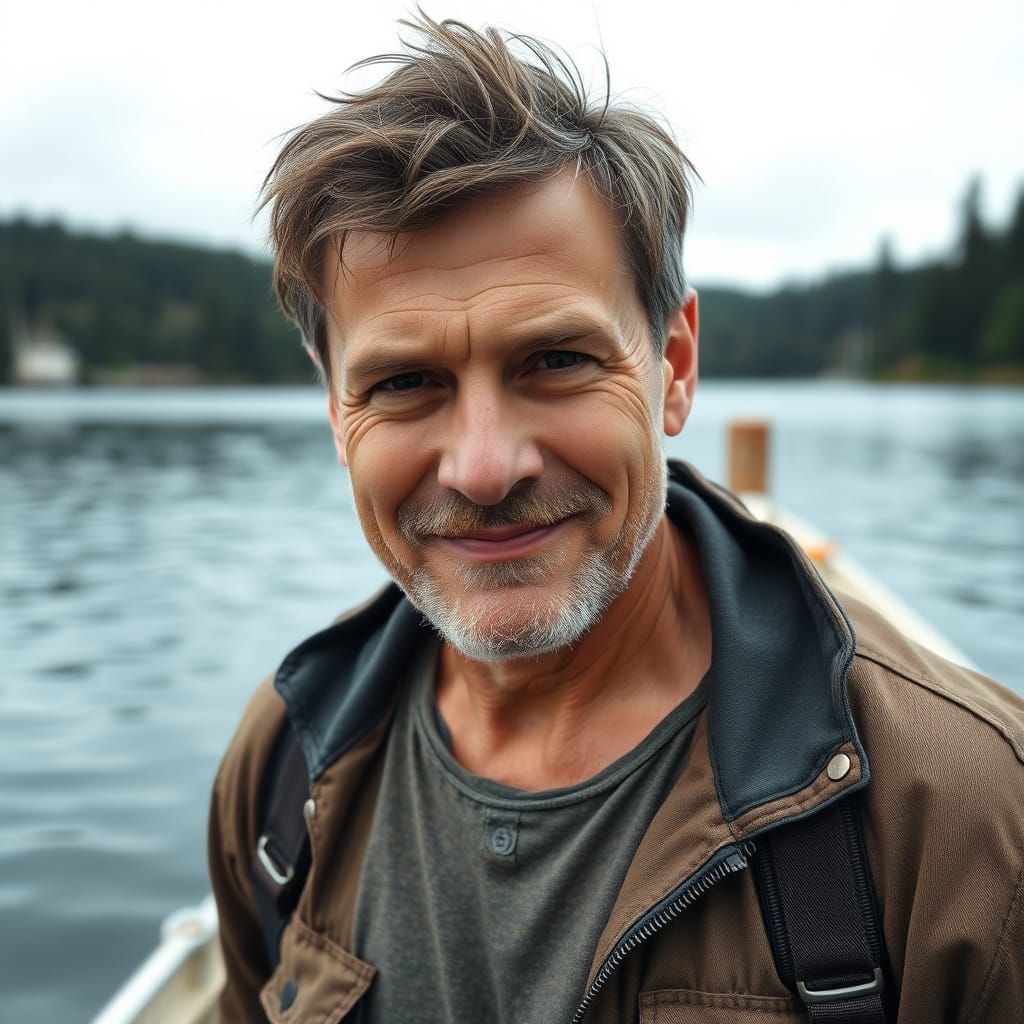Friendly Man on Boat Dock in Quaint Lake Setting