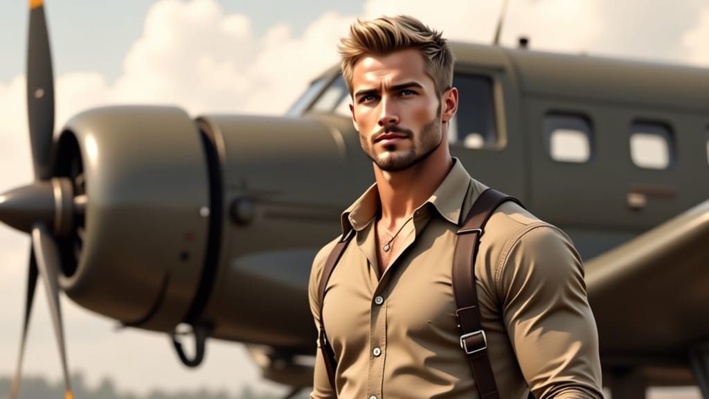 Handsome Muscular Man Posing with Vintage Cargo Plane