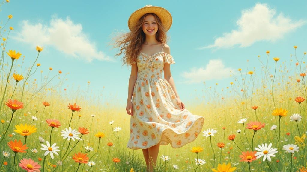 Young Woman in a Vibrant Impressionist Meadow Scene
