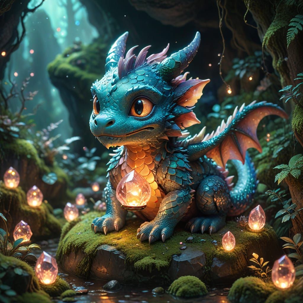 Charming Chibi Dragon on Iridescent Crystals in Ghibli Style