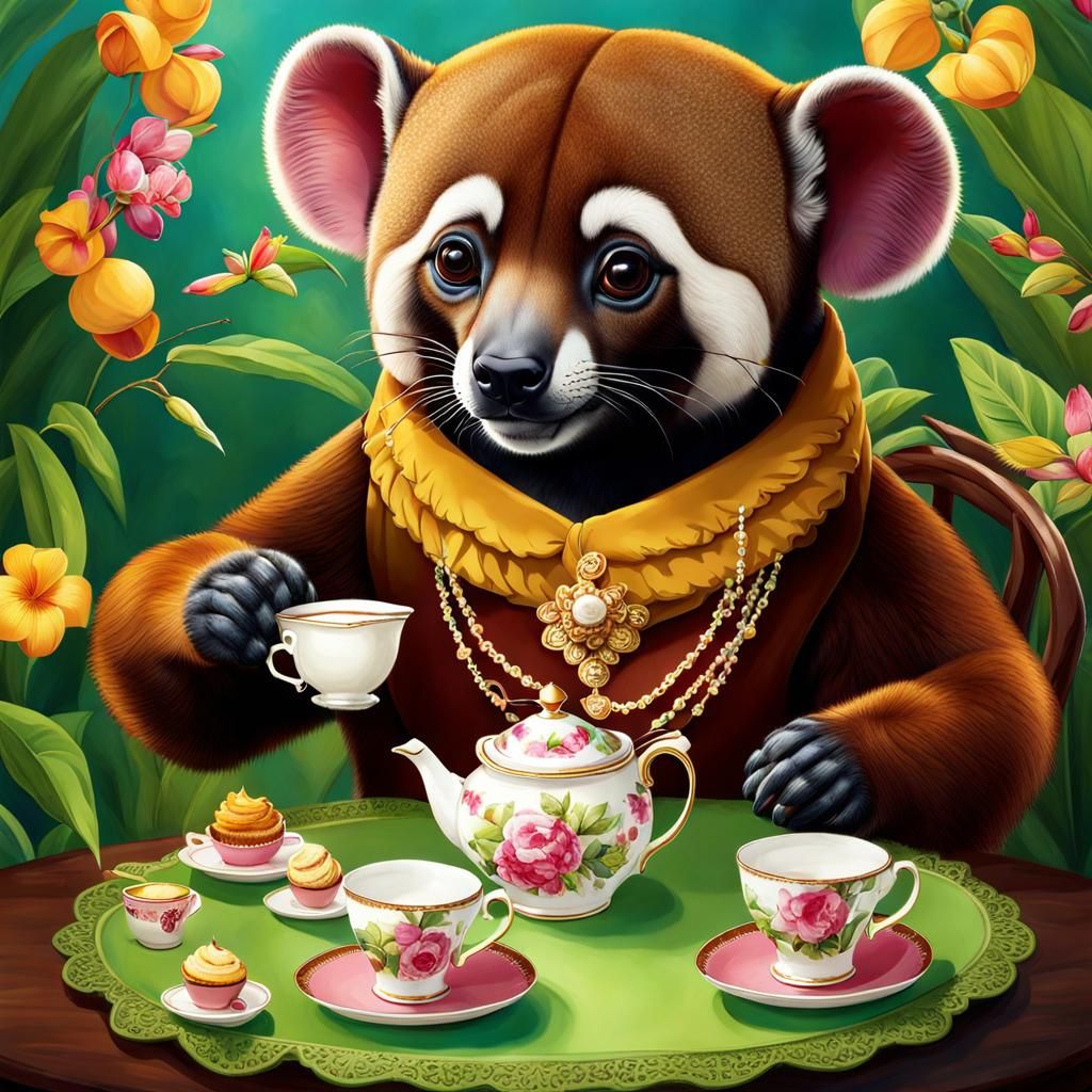 Kinkajou honey bear enjoying afternoon tea and cakes