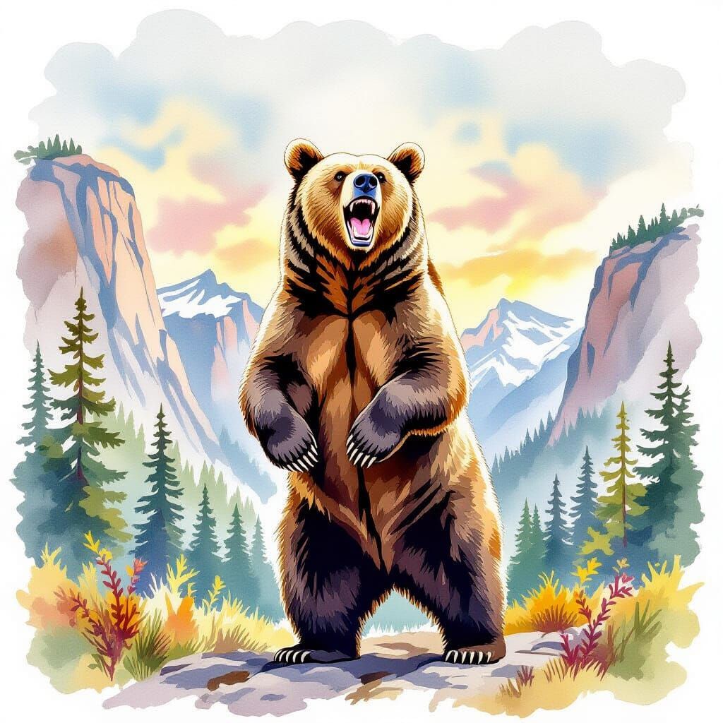 Roaring Grizzly Bear in Watercolor Style