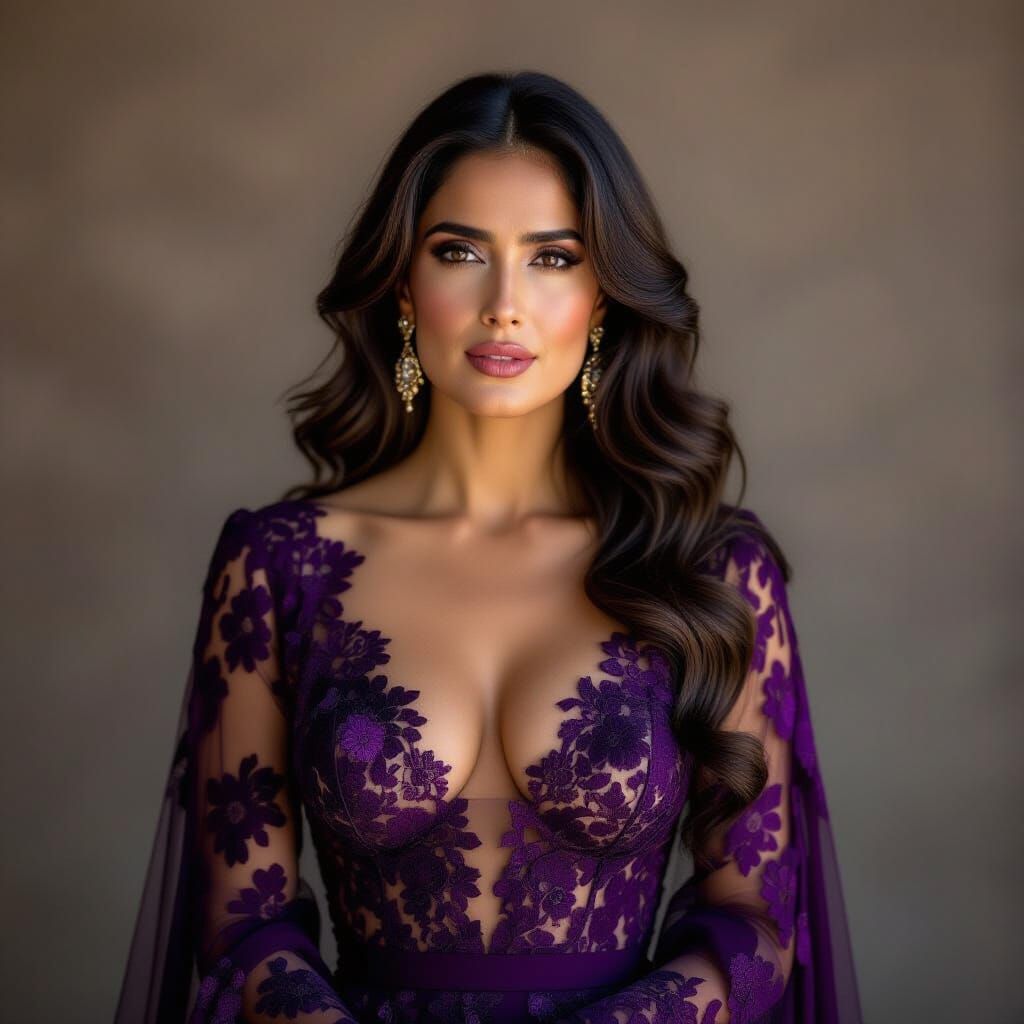 Salma Hayek in Deep Purple Lace Gown