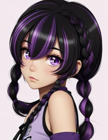 Cartoon Young Girl with Braids and Purple Highlights