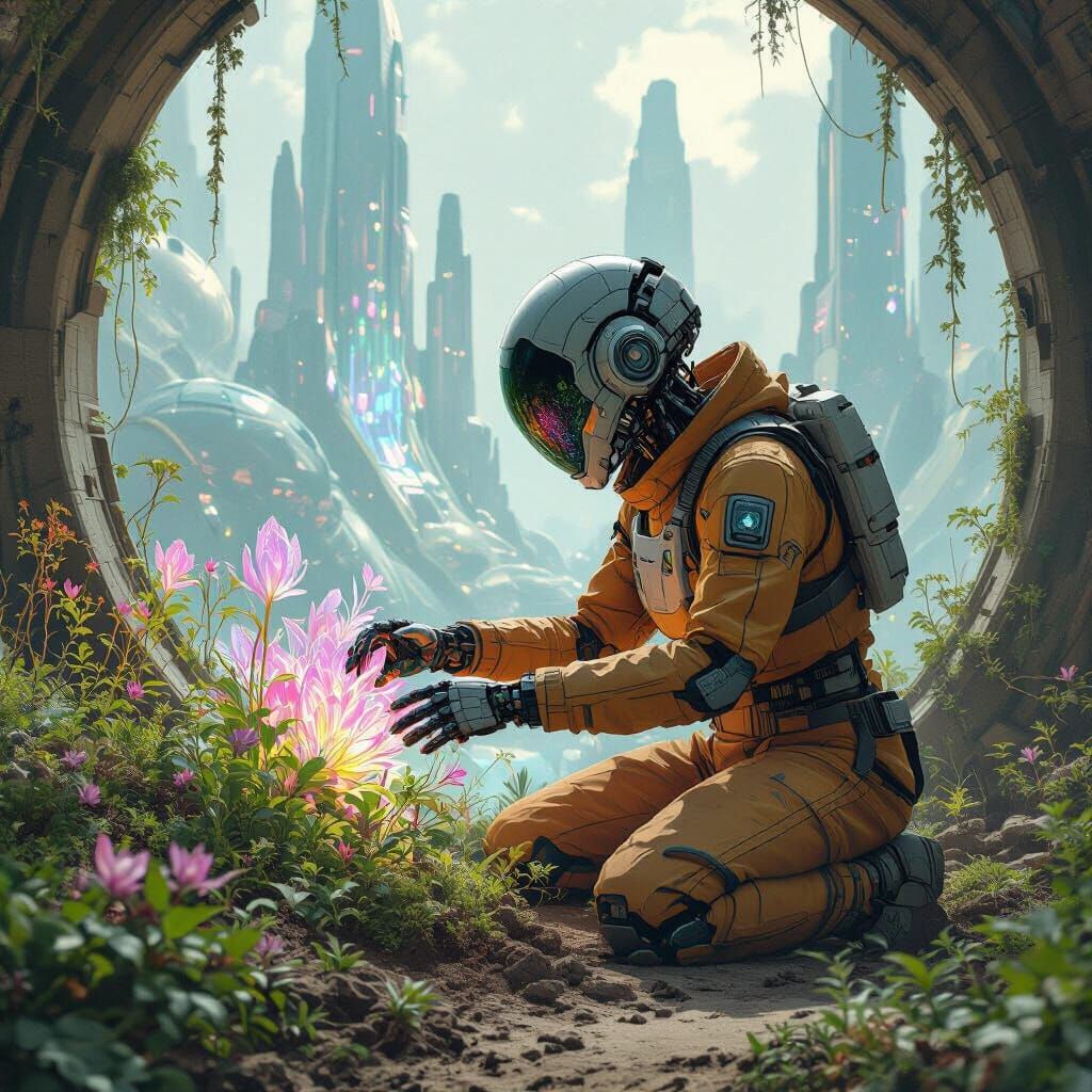 Cyborg Botanist in Alien Biodome, Hyperrealistic Concept Art