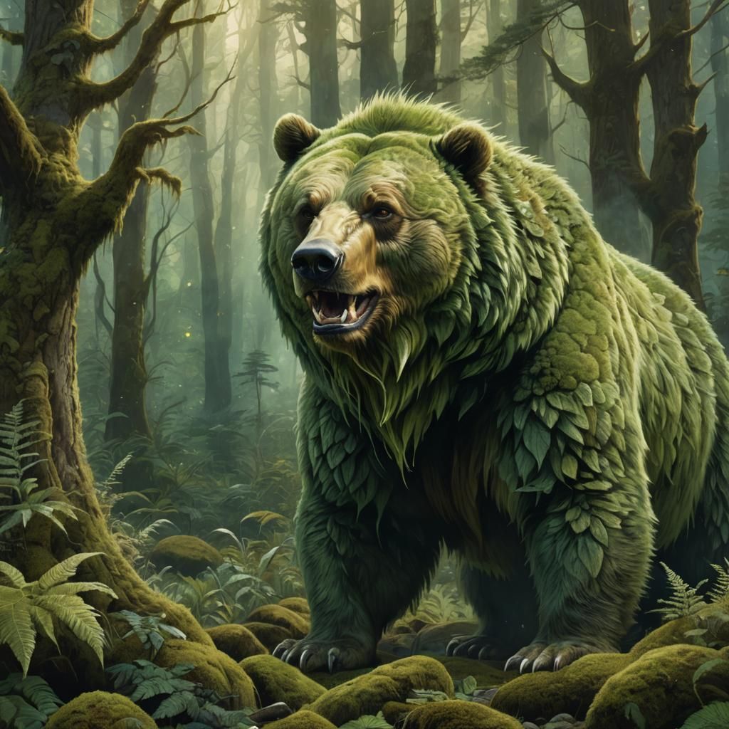 Mossy Grizzly Bear with Mohawk in Enchanted Forest
