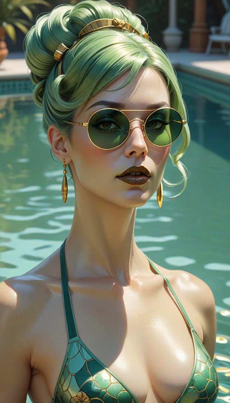 Green Woman Portrait in Art Nouveau Style