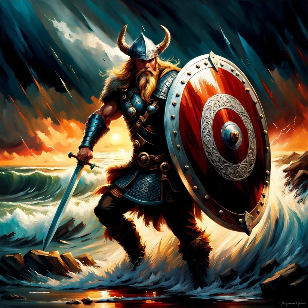 Viking Warrior in Seascape Thunderstorm, Impasto Action Pain...