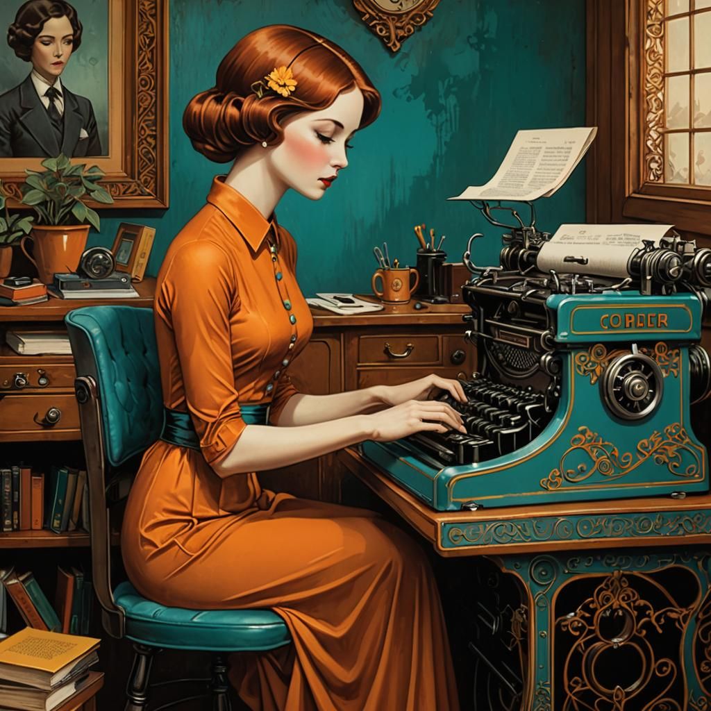 Woman Typing: Art Brut Porcelain Enamel Sign