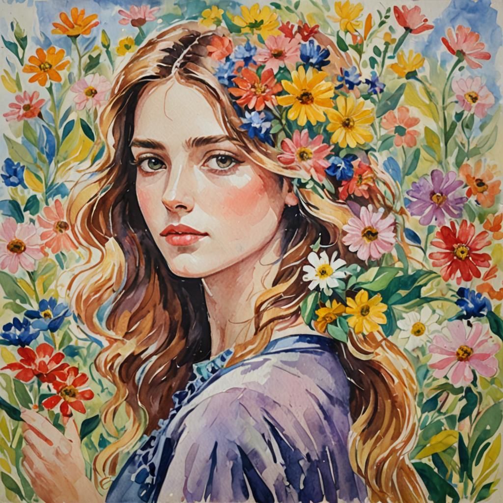 Young Woman with Flowers in Gouache Watercolor