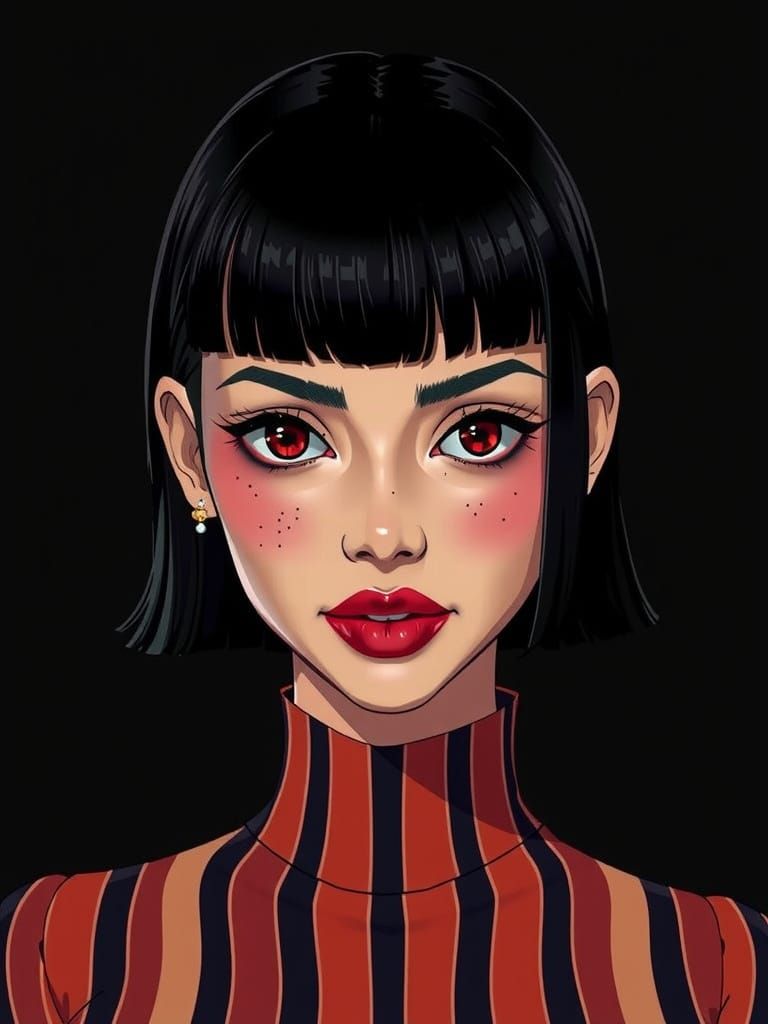 Glamorous Woman with Red Lipstick and Striped Outfit in Bold...