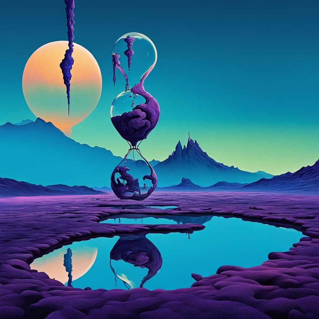 Surreal Oil Painting of Hourglass Brain in Dreamlike Grotto