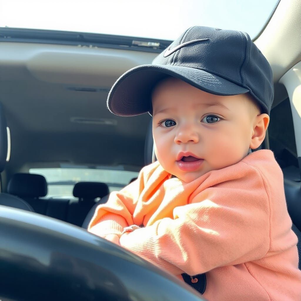 Newborn Drives Open Car in Nike Cap