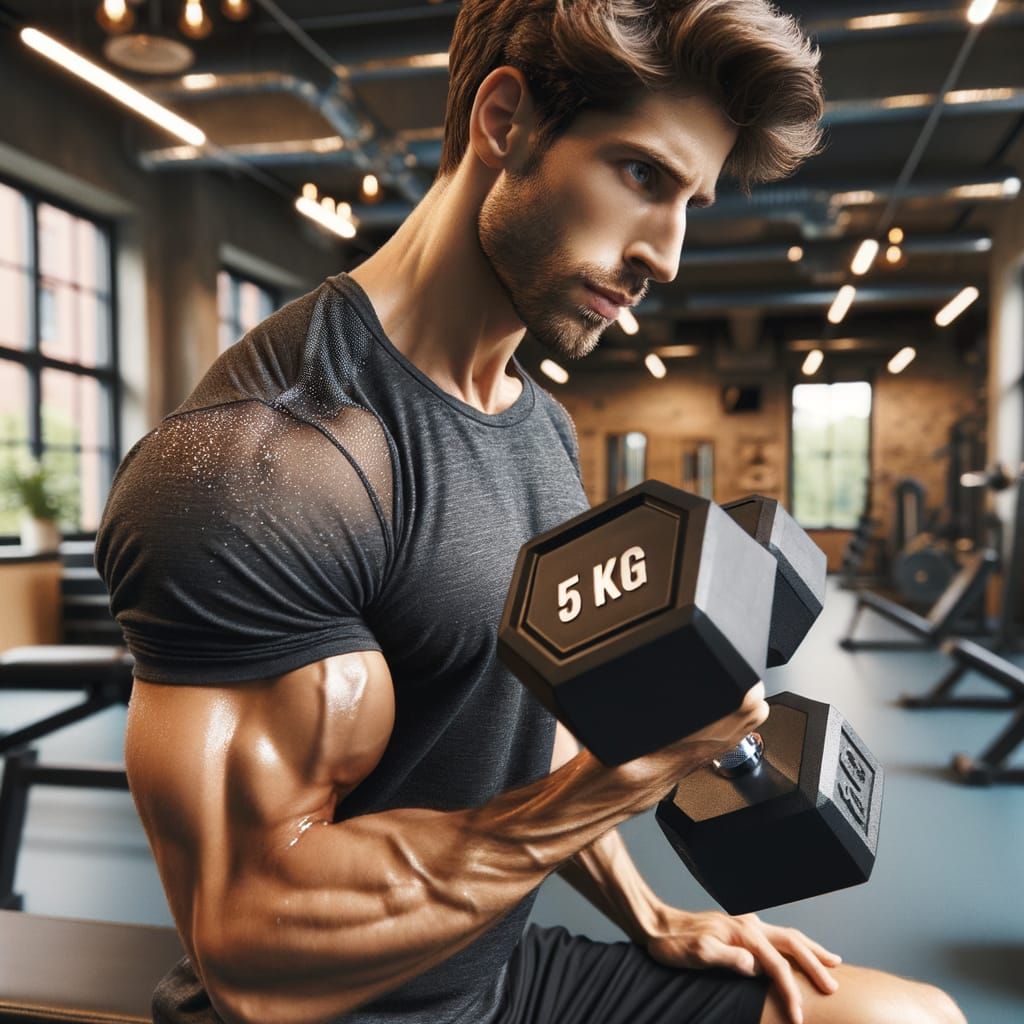 Man Performs Biceps Curls with 5kg Dumbbells in Gym