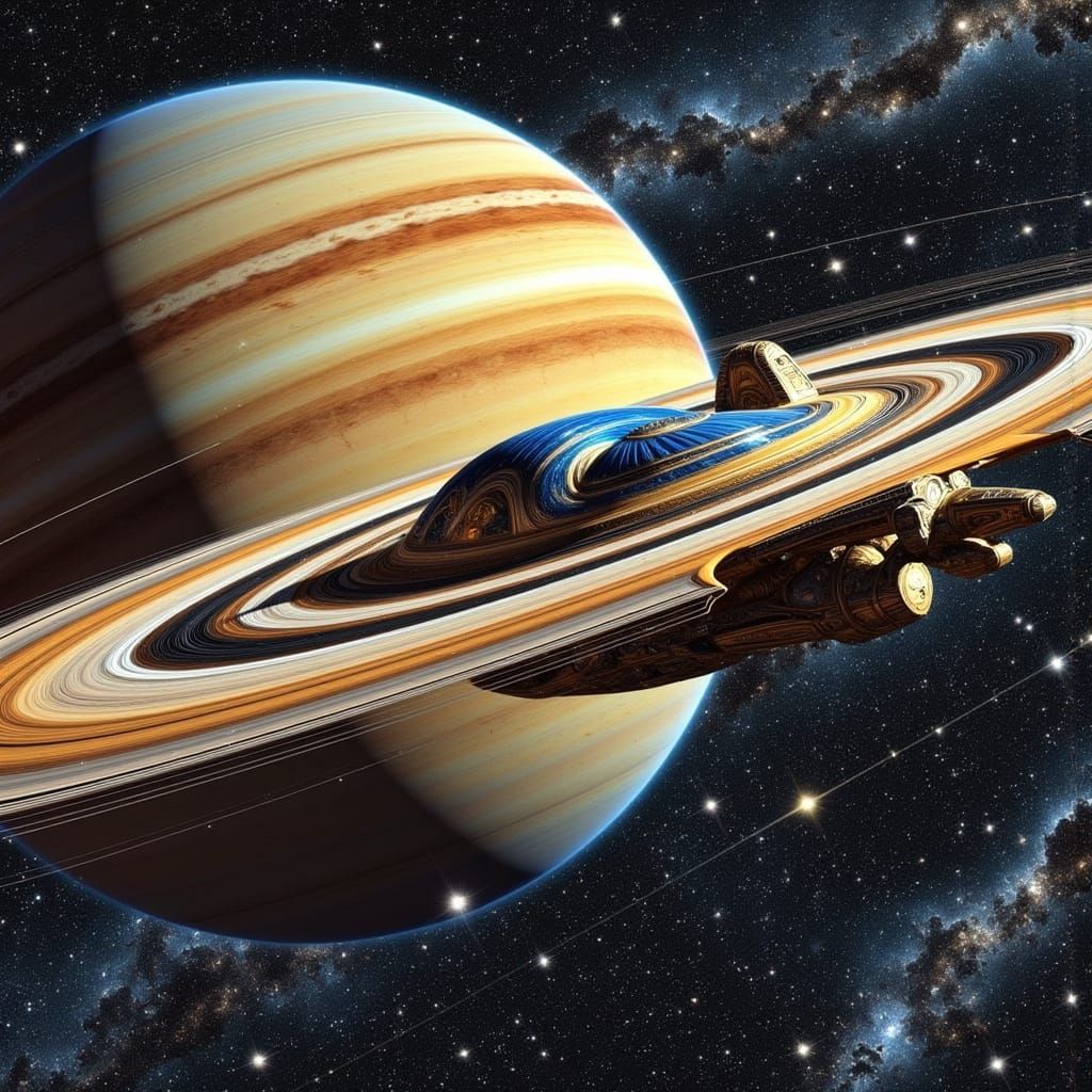 Cosmic Odyssey: Vibrant Spaceship in Saturn's Realm
