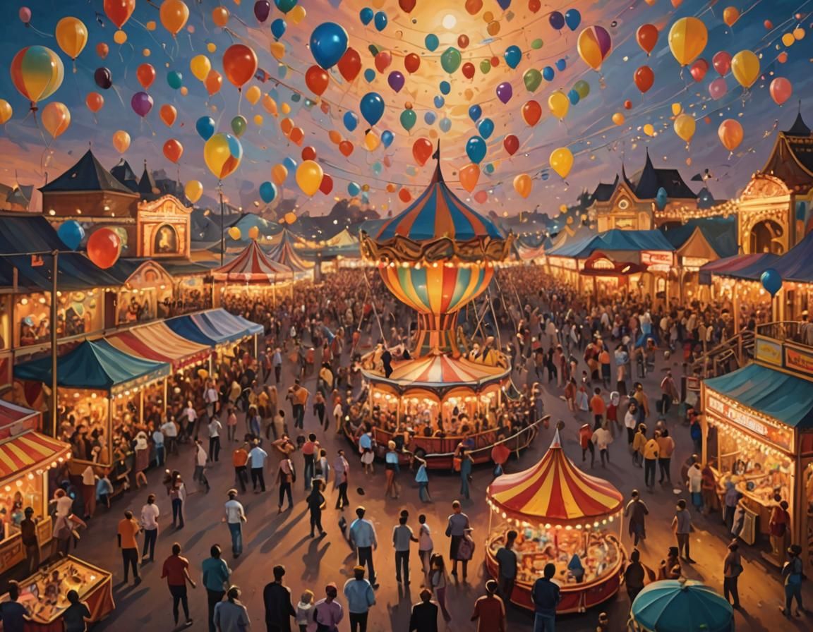 Colorful Carnival at Sunset as Oil Painting