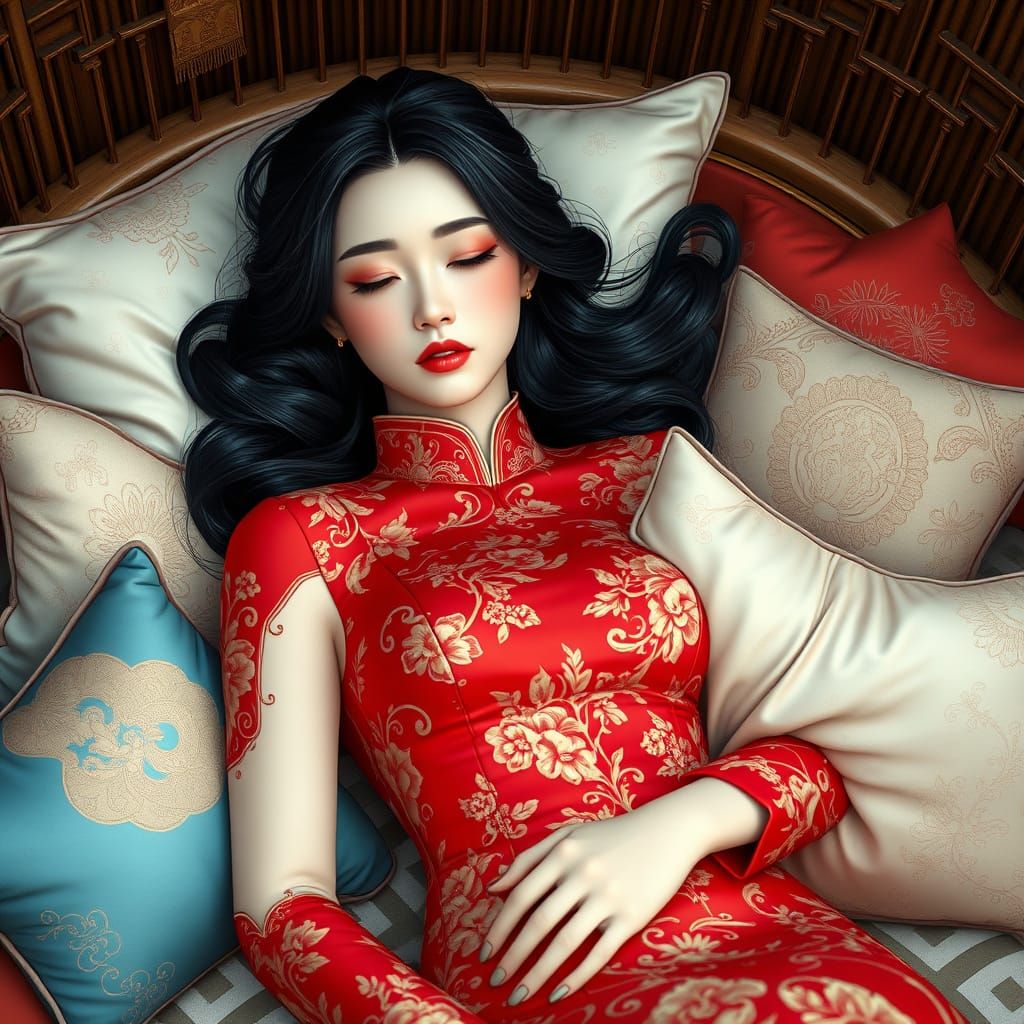 Sensual Japanese Goddess in Red Cheongsam, Adorned with Gold...