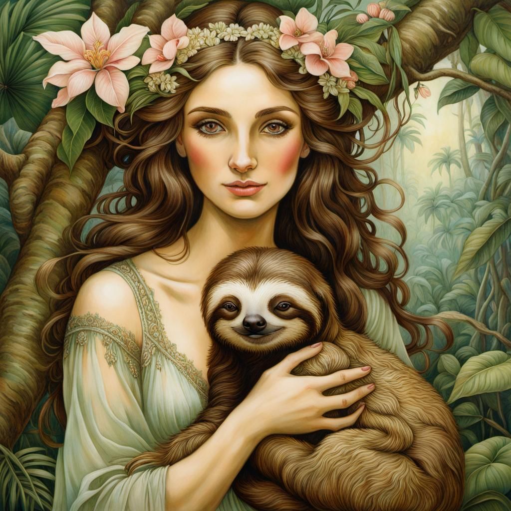 Woman with Sloth in Enchanted Rainforest