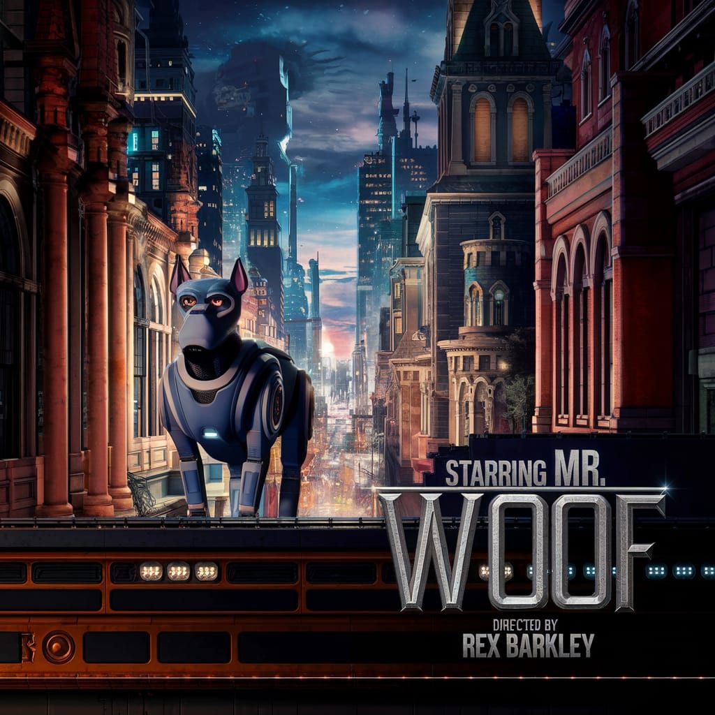 Robotic Dog Detective Movie Poster in Unreal Engine