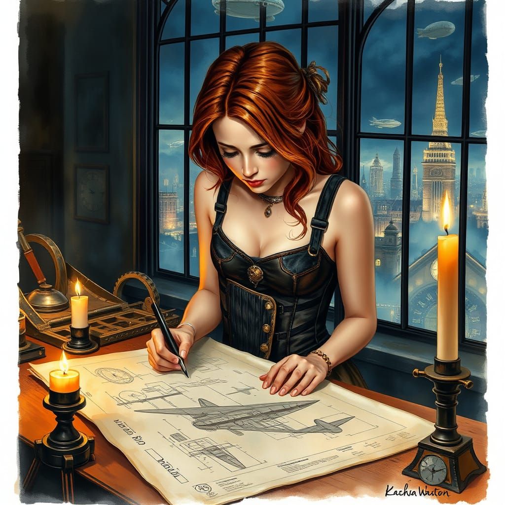 Steampunk Artisan Hunched Over Airship Blueprint