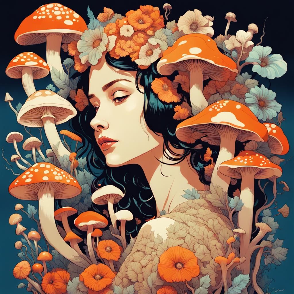 Paper Craft Woman with Flowers and Mushrooms