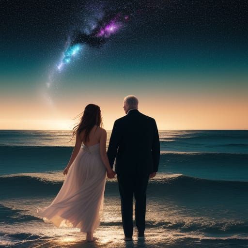 Surreal Cosmic Beach Scene with Ethereal Starlight