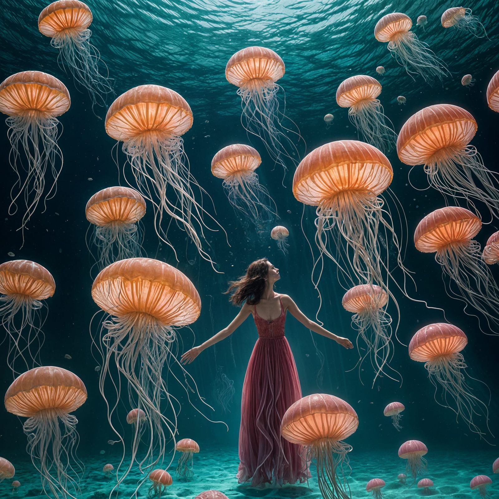 Woman Adorned with Colourful Jellyfish as Ethereal Evening G...