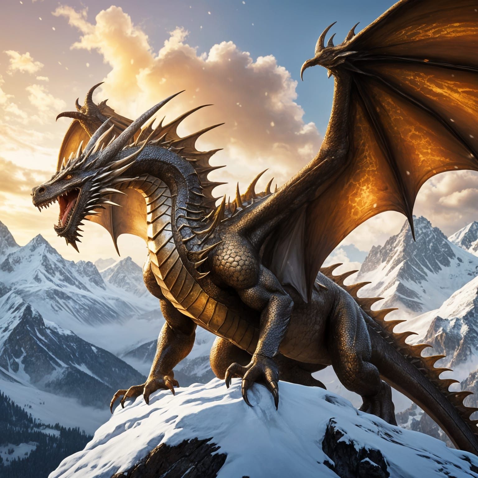 Bronze Dragon Roaring on Mountain Peak
