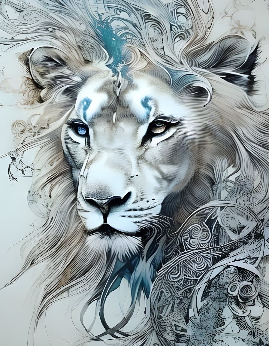 White Lion with Fractals in Ink Flow Art