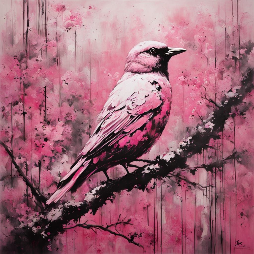 Mysterious Pink Bird in Utopian Spring Garden