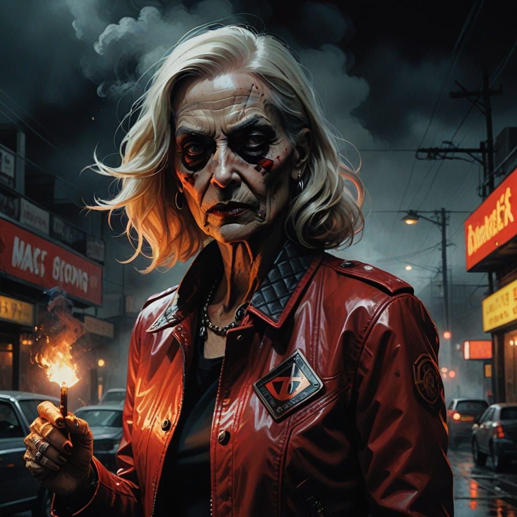 Elderly Transvestite in Fiery Red Leather Jacket