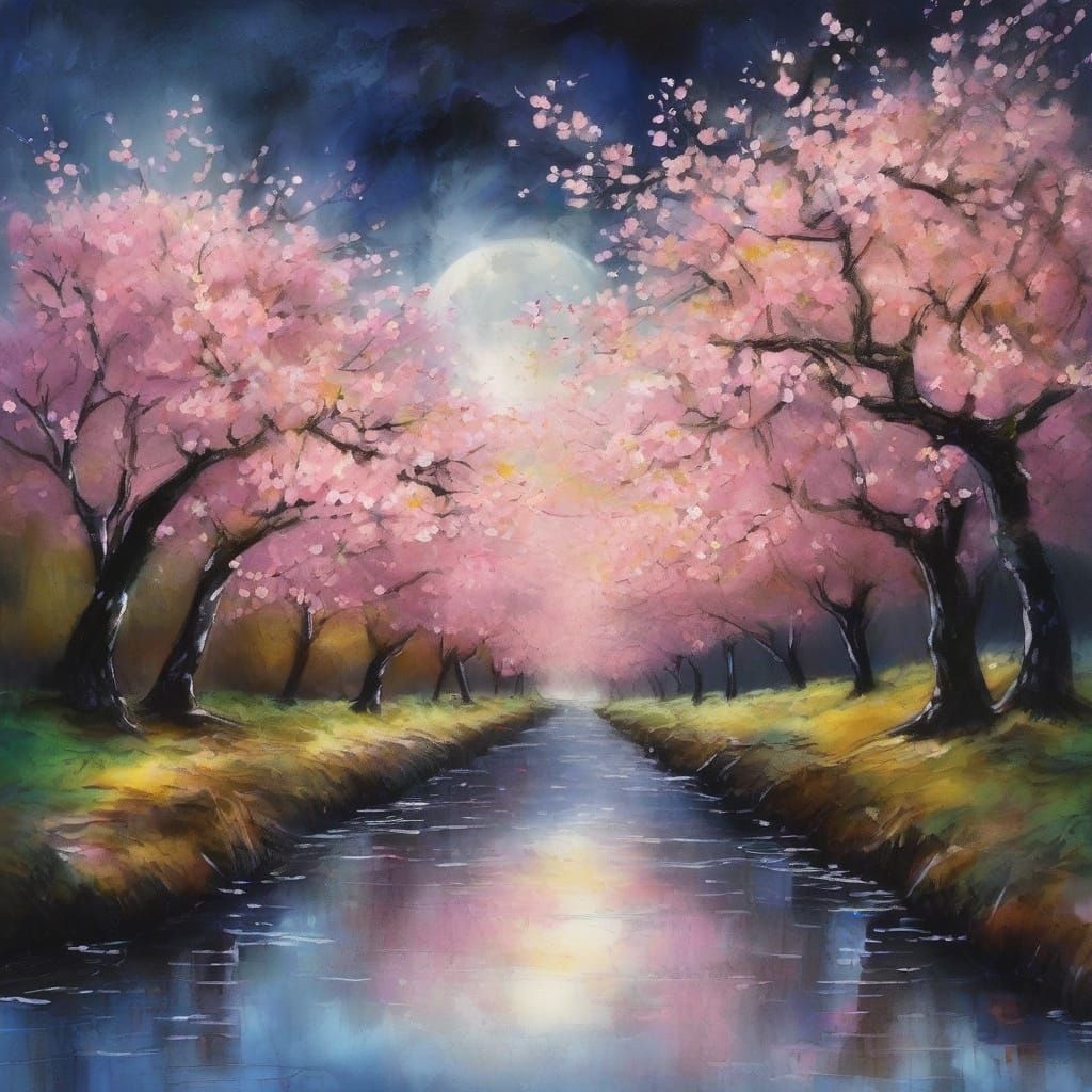 Moonlit Cherry Blossoms: Watercolour and Ink Art