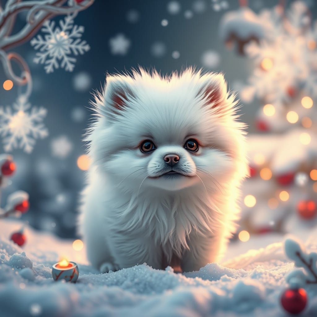Whimsical White Pomeranian Puppy Surrounded by Christmas Mag...
