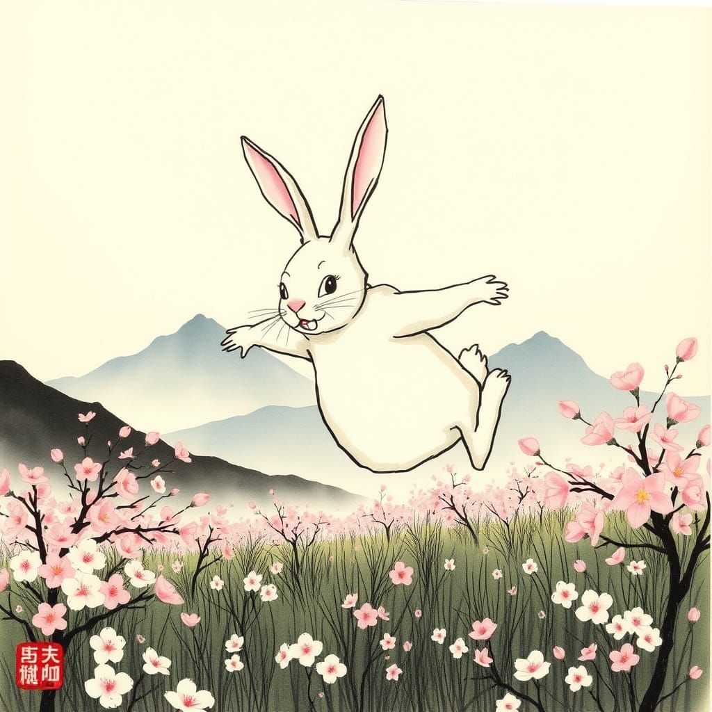 Gigantic Rabbit Leaping Over Cherry Blossoms in Japanese Ink...