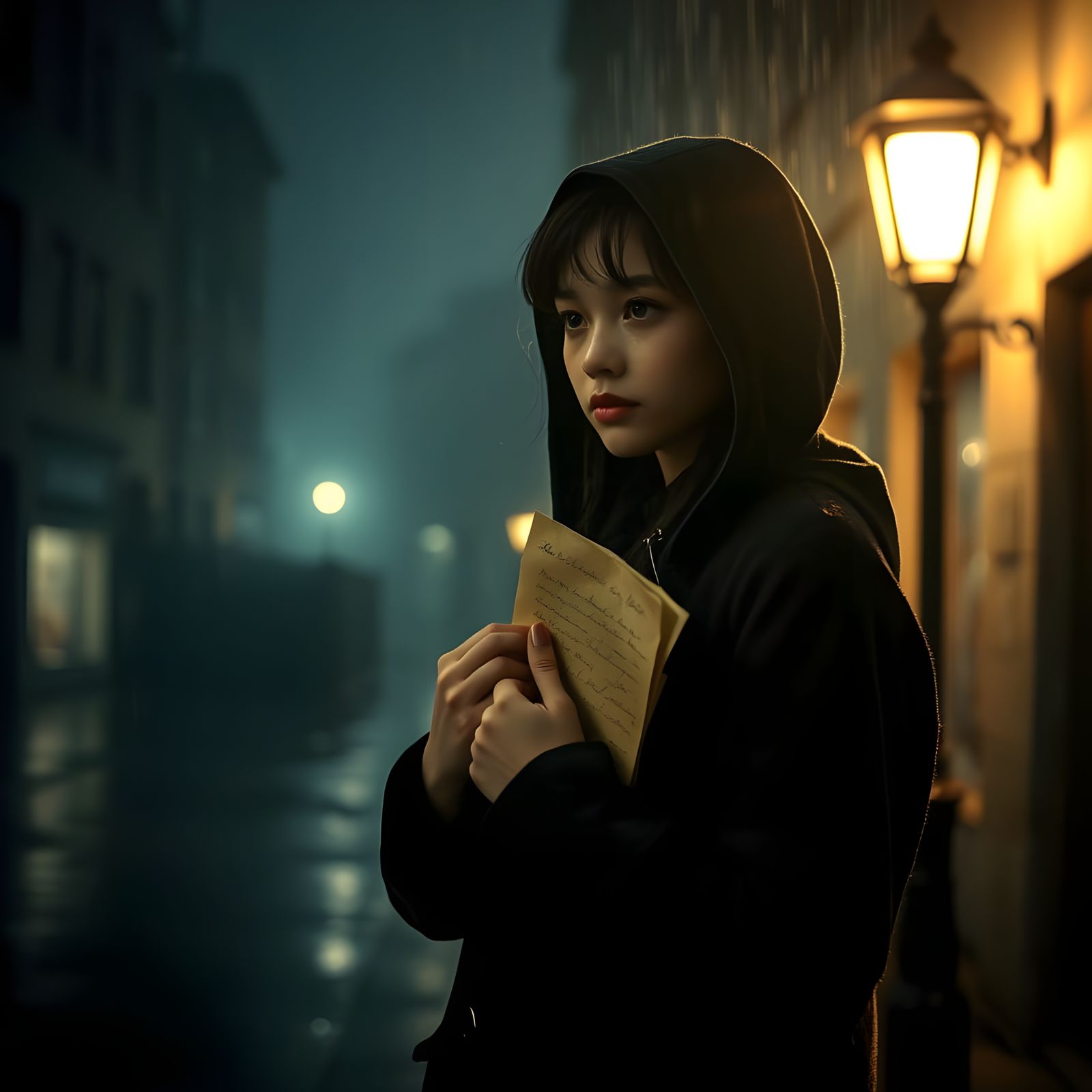 Young Woman Under Golden Streetlamp