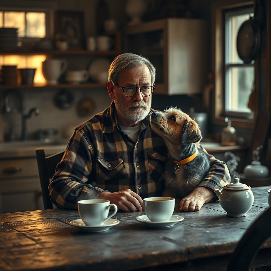 Weathered Gentleman Shares Secret with Loyal Dog in Vintage...