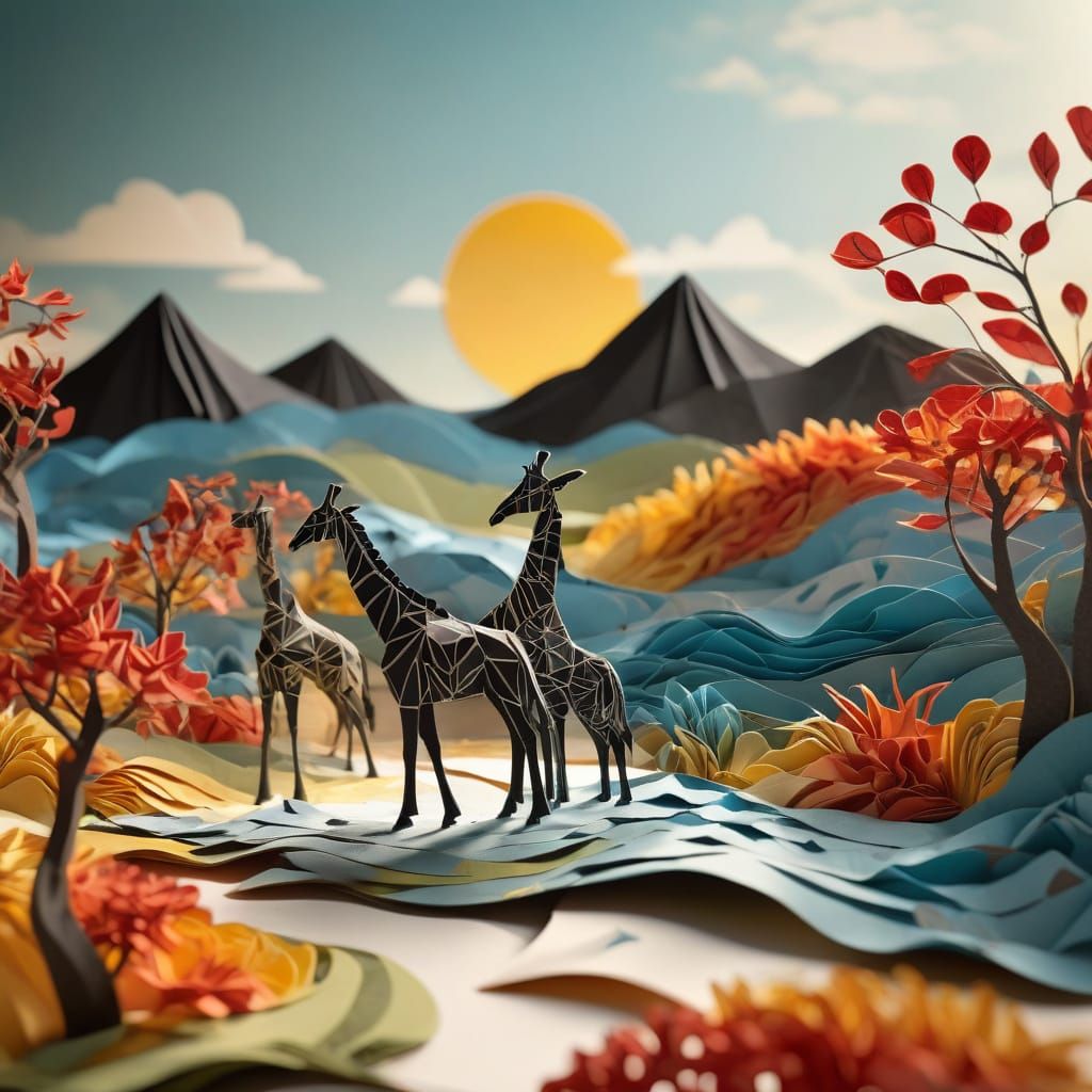 Origami Safari Scene in Vibrant Folded Paper Art